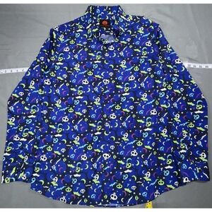 Simon Banks Shirt Mens L Blue Halloween Skull Bat Long Sleeve Button Up Novelty